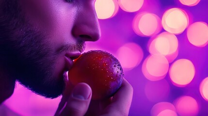 Sticker - A close-up of a person holding an apple, surrounded by a vibrant, colorful background.