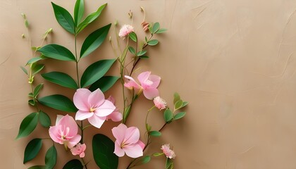 Wall Mural - Delicate pink flowers and vibrant green leaves beautifully arranged on a textured light brown backdrop