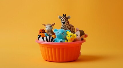 Wall Mural - Wet food container with animal toys on an orange backdrop