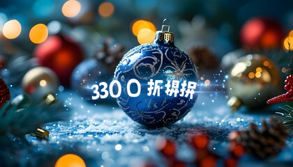 Poster - Glittering Christmas Sale Announcement on Vibrant Blue Background with Festive Ornaments and Decorations