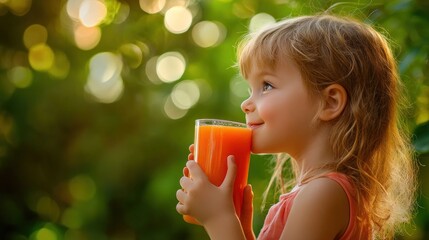 Poster - A joyful child holding a glass of orange juice, surrounded by a lush green background.