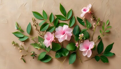 Wall Mural - Delicate pink flowers and vibrant green leaves beautifully arranged on a textured light brown backdrop