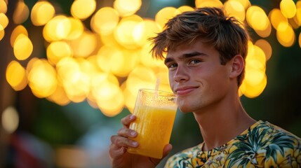 Poster - A young man enjoys a refreshing drink against a backdrop of warm, glowing lights.