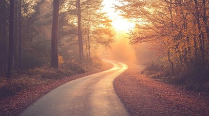 Poster - A winding road through a misty forest at sunrise, showcasing nature's tranquility.