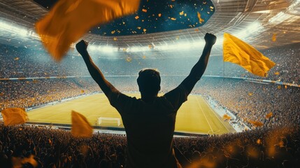 Poster - A cheering fan celebrates in a stadium filled with yellow flags and confetti during a match.