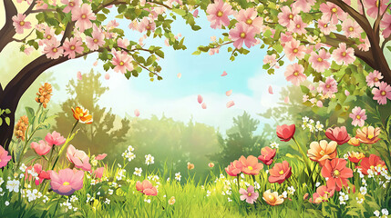 Wall Mural - A digital painting of a blooming meadow with a blue sky in the background.