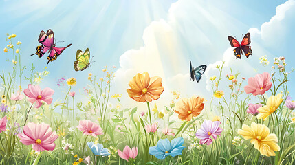 Wall Mural - Colorful butterflies flutter above a field of blooming flowers on a sunny day.