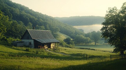 Sticker - A serene rural landscape featuring a rustic house amidst rolling hills and morning mist.