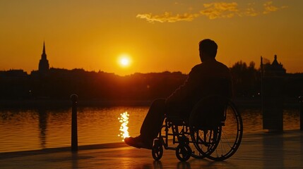 Sticker - A person in a wheelchair enjoying a sunset by the water, reflecting on life and nature.