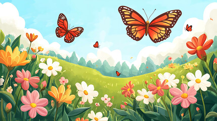 Wall Mural - Colorful butterflies fly above a field of blooming wildflowers.