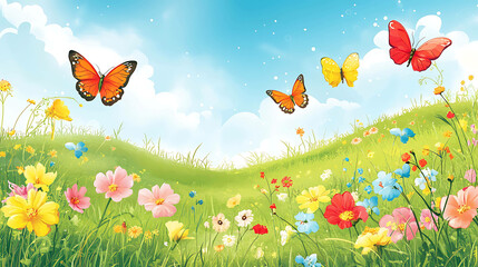 Wall Mural - Colorful butterflies fly over a field of bright flowers in a sunny spring scene.