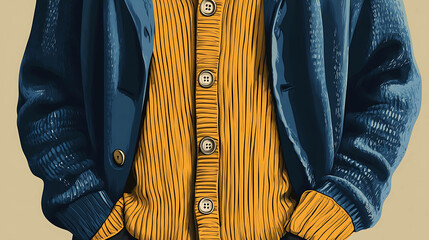 Wall Mural - A close up of a person wearing a blue jacket over a yellow sweater.