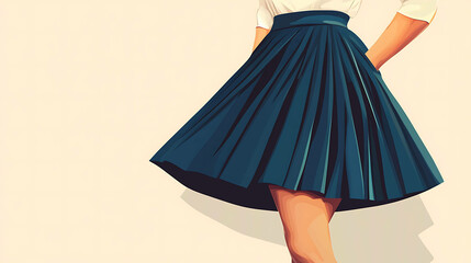 Poster - A close up of a woman in a blue pleated skirt and a white blouse.