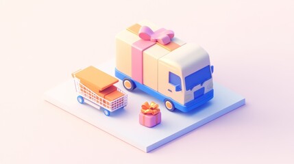 Sticker - A stylized delivery scene featuring a truck, shopping cart, and gift box.