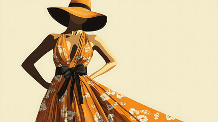 Wall Mural - A woman in a flowing orange dress with a wide-brimmed hat, a stylish illustration.