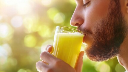 Poster - A man enjoying a glass of yellow beverage in a natural, sunlit environment.