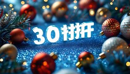 Poster - Glittering Christmas Sale Announcement on Vibrant Blue Background with Festive Ornaments and Decorations