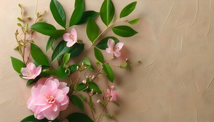 Wall Mural - Delicate pink flowers and vibrant green leaves beautifully arranged on a textured light brown backdrop