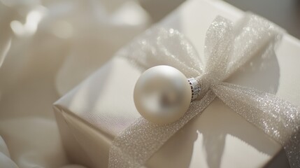 Sticker - A beautifully wrapped gift adorned with a pearl-like ornament and a shimmering ribbon.