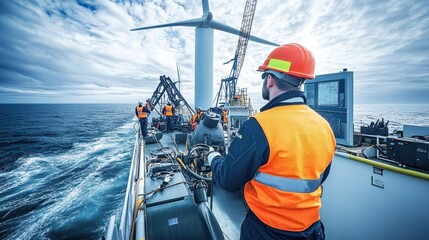 Poster - Workers on a wind turbine installation vessel, focusing on renewable energy efforts.