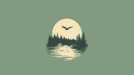 Wall Mural - Minimalist illustration of a bird flying over a lake and forest silhouette.