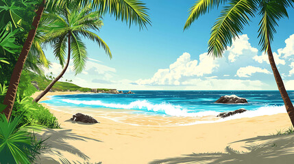 Wall Mural - Tropical beach scene with palm trees, blue ocean, and white sand.