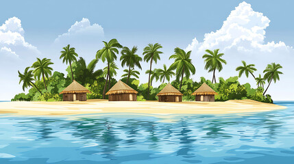 Wall Mural - Tropical island with palm trees and beach huts.