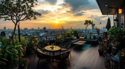 Wall Mural - A serene rooftop terrace with plants, seating, and a sunset view over the city skyline.