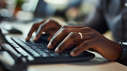 Close up of hands typing on a keyboard.