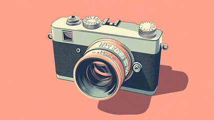 Wall Mural - An illustrated vintage camera on a pink background.