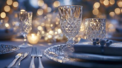 Sticker - Elegant dining setup with crystal glasses and soft lighting for a special occasion.