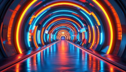 Wall Mural - Futuristic glowing tunnel featuring vibrant neon sign promoting 70% off sale