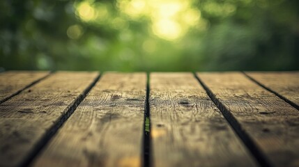 Poster - A wooden surface with a blurred green background, suggesting a natural setting.