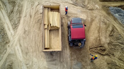 Wall Mural - Aerial view of a construction site with a truck and wooden materials.