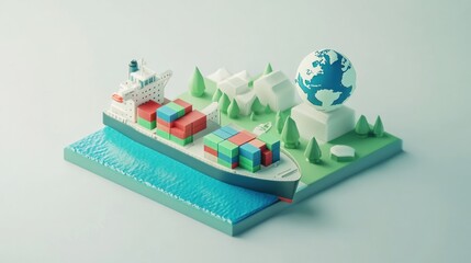 Sticker - A stylized cargo ship with containers near a globe and houses, illustrating global trade.