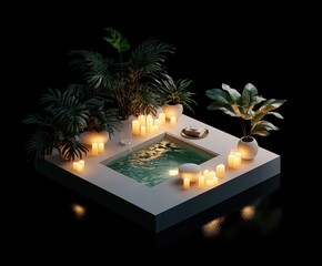 Poster - A serene spa setting with candles, plants, and a tranquil pool for relaxation.