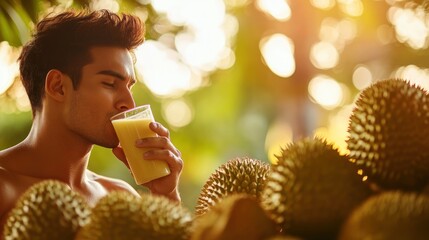 Sticker - A man enjoys a glass of fruit juice amidst tropical plants and durian fruit.