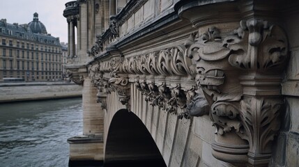 Canvas Print - Detailed architectural features of a historic bridge by a river in an urban setting.