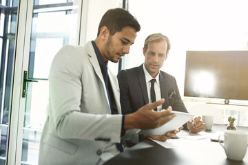 Fototapete - Businessmen, tablet and legal teamwork in office, brainstorming and meeting for justice in boardroom. Employees, cooperation and online to check international law, talking and plan for legislation