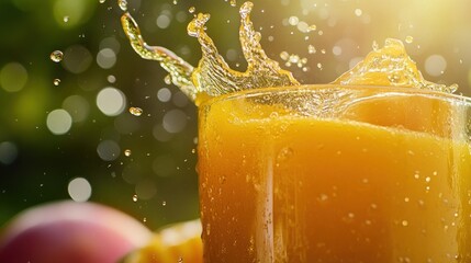 Wall Mural - A refreshing splash of orange juice in a glass with a vibrant background.