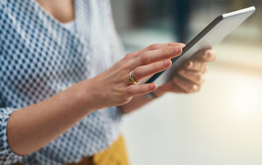 Canvas Print - Office, businessperson and hands with tablet for digital agency, research and website information. Workplace, woman manager and closeup with scroll for online page, content creation and blog post