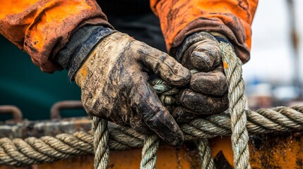 Close up of weathered hands in gloves tying a thick rope.