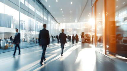 Poster - Bright business workplace with people in walking in blurred motion in modern office space