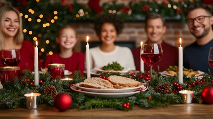 Joyful family gathering around a festive Christmas dinner