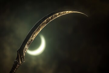 a sharp scythe blade silhouetted against a crescent moon in a dark, atmospheric night sky.