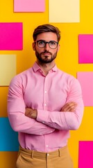 Wall Mural - Confident man posing against a colorful backdrop of sticky notes