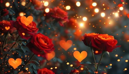 Wall Mural - Enchanting floral backdrop featuring red and orange roses, heart motifs, and shimmering lights