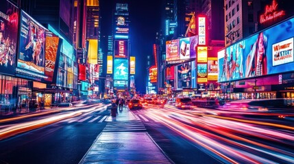 Canvas Print - Vibrant nighttime scene in a bustling city with bright advertisements and moving traffic.