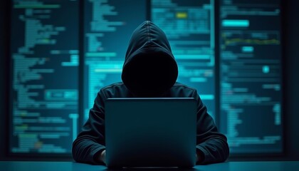 hacker in the shadows illuminated by digital screens