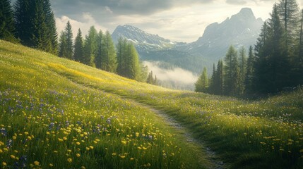 Wall Mural - A serene landscape featuring a winding path through a vibrant meadow and majestic mountains.